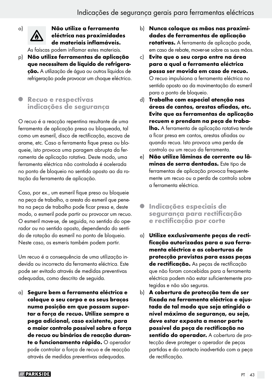 Recuo e respectivas indicações de segurança | Parkside PWS 125 A1 User Manual | Page 43 / 82