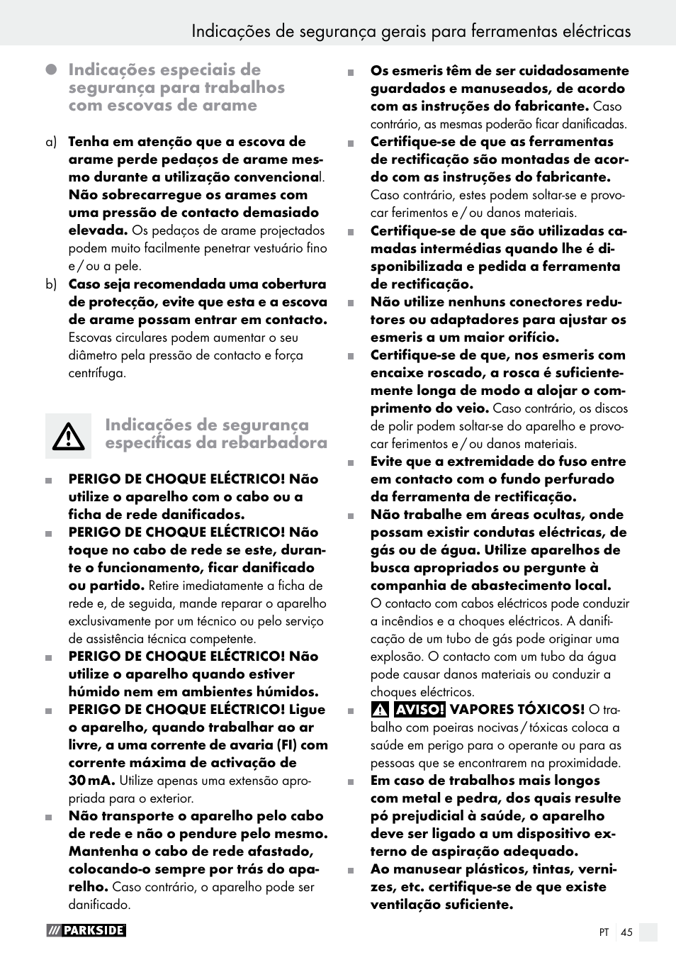 Indicações de segurança específicas da rebarbadora | Parkside PWS 125 A1 User Manual | Page 45 / 82