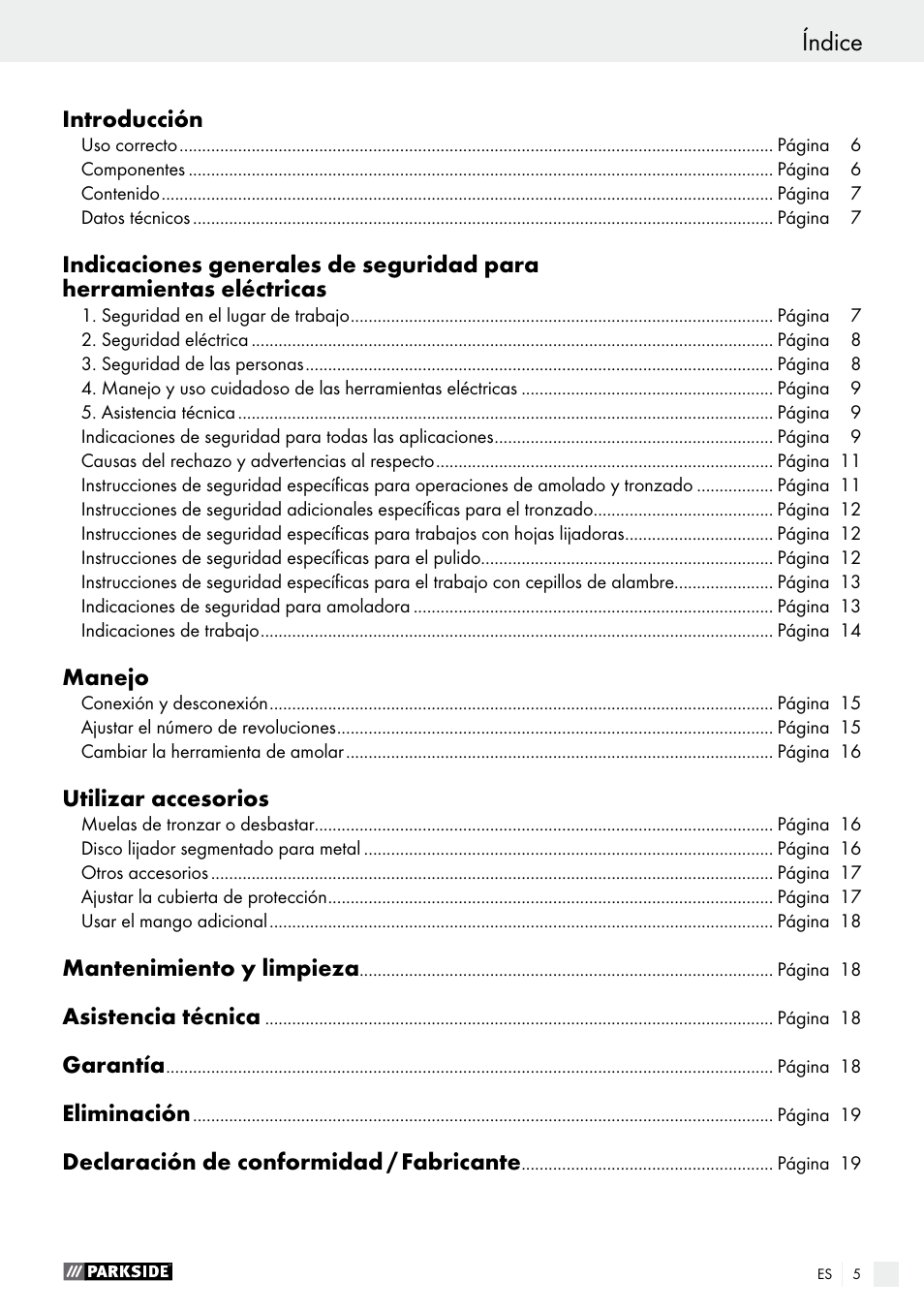 Índice | Parkside PWS 125 A1 User Manual | Page 5 / 82