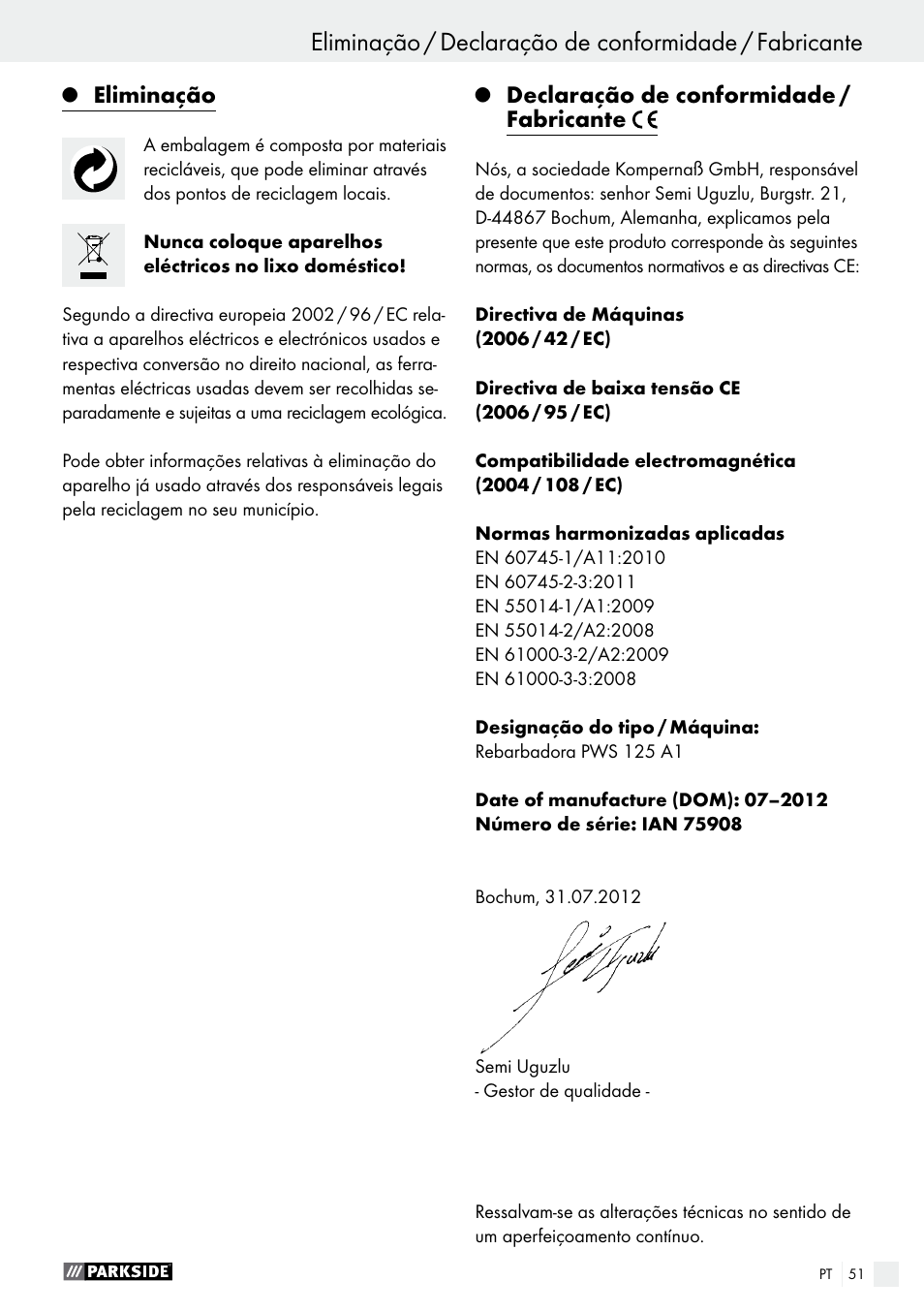 Eliminação, Declaração de conformidade / fabricante | Parkside PWS 125 A1 User Manual | Page 51 / 82