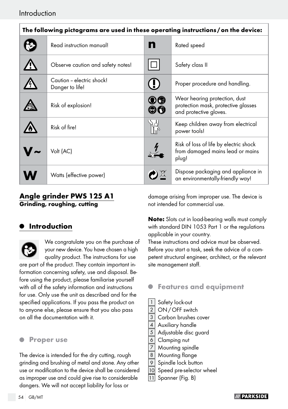 Parkside PWS 125 A1 User Manual | Page 54 / 82