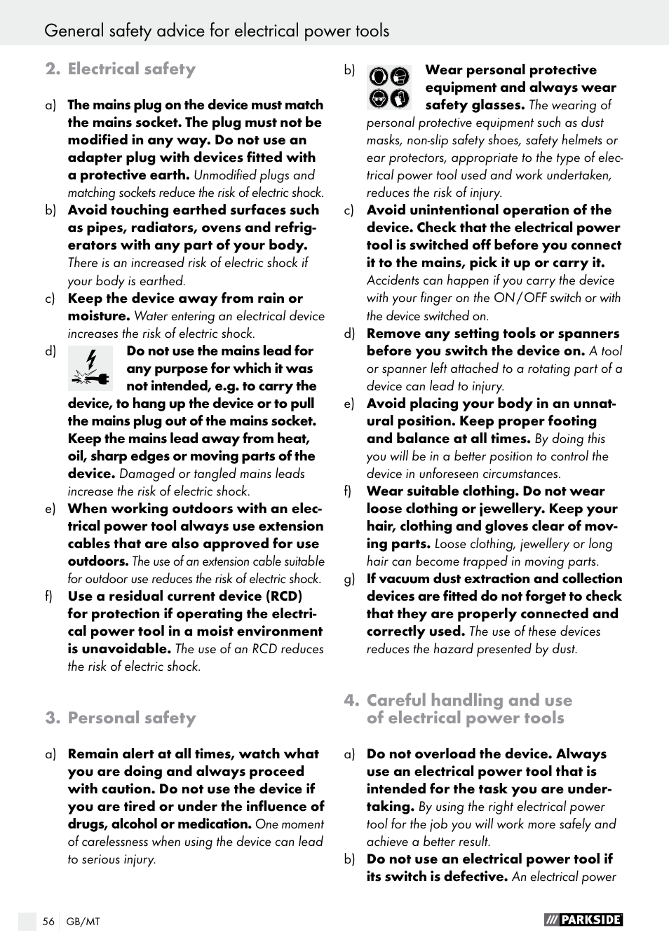 General safety advice for electrical power tools, Electrical safety, Personal safety | Careful handling and use of electrical power tools | Parkside PWS 125 A1 User Manual | Page 56 / 82