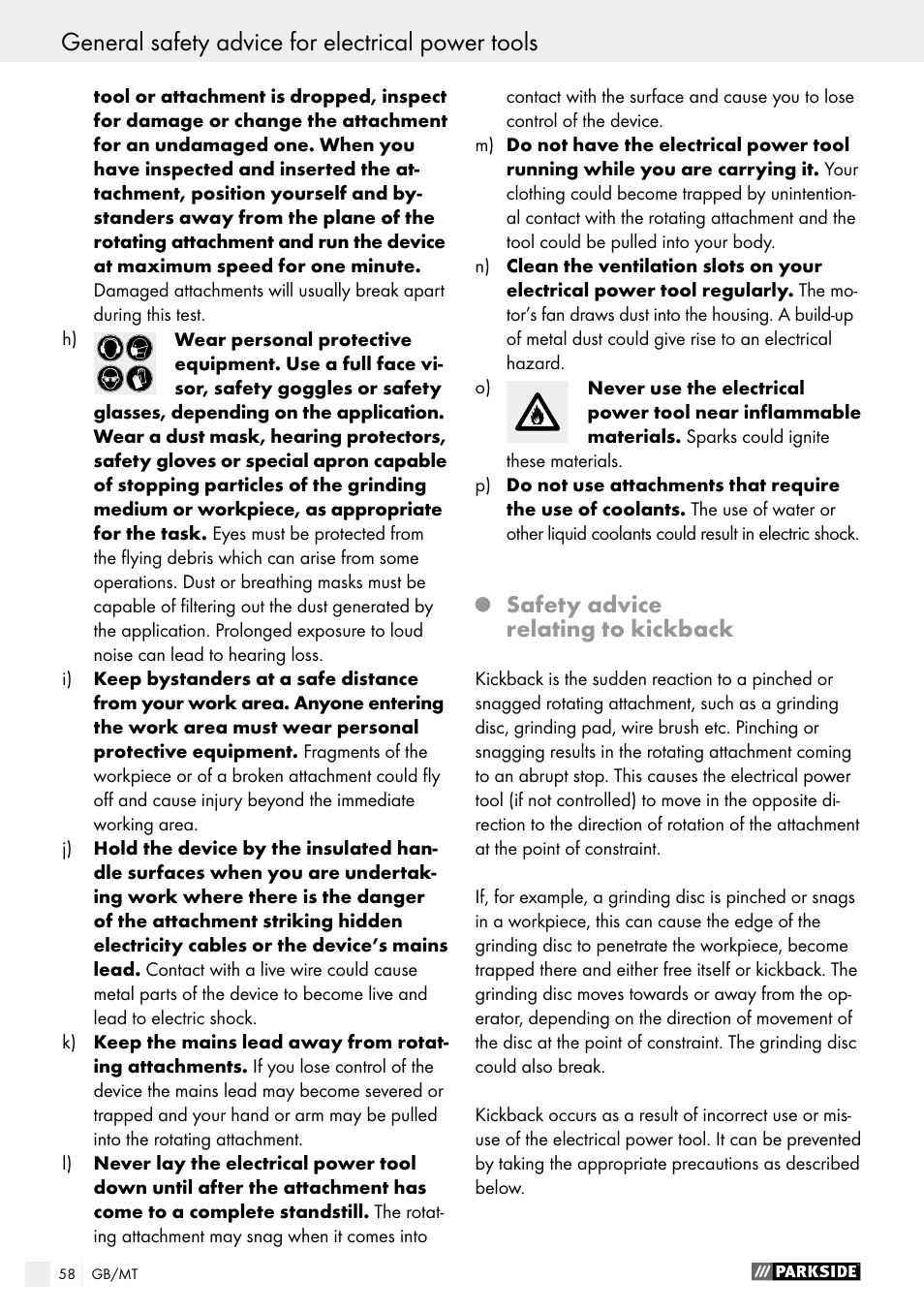 General safety advice for electrical power tools, Safety advice relating to kickback | Parkside PWS 125 A1 User Manual | Page 58 / 82