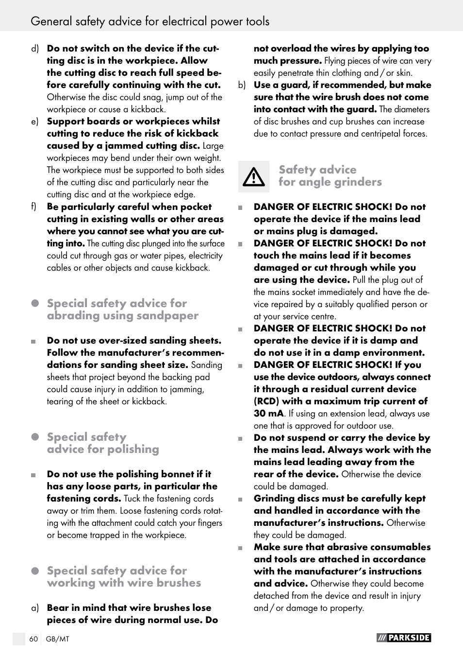 General safety advice for electrical power tools | Parkside PWS 125 A1 User Manual | Page 60 / 82