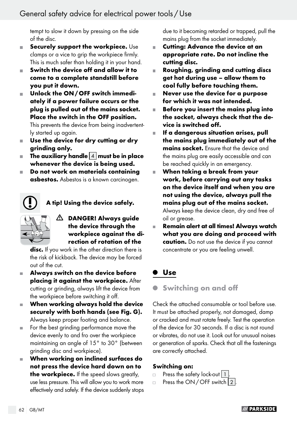 Switching on and off | Parkside PWS 125 A1 User Manual | Page 62 / 82