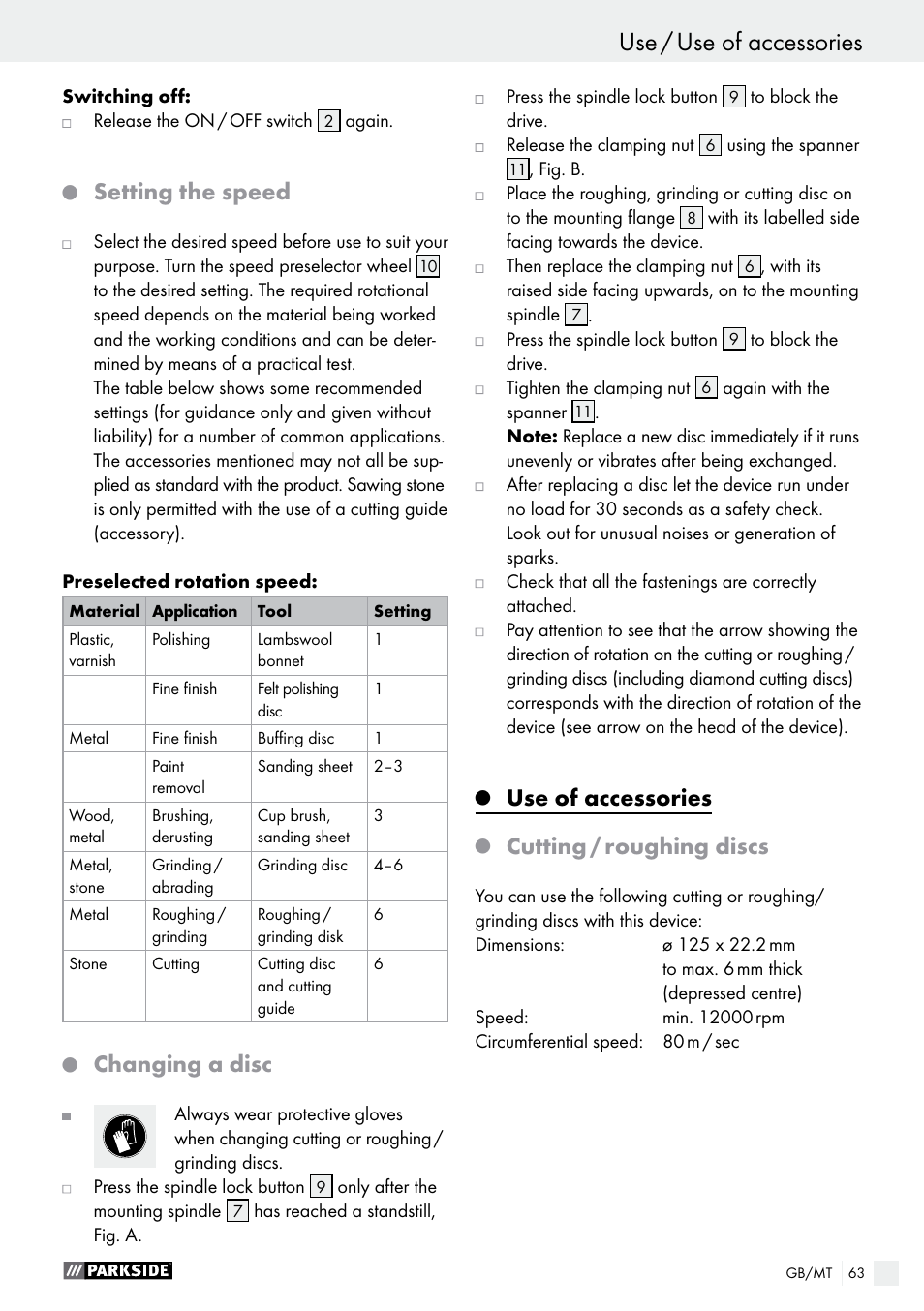 Setting the speed, Changing a disc, Use of accessories | Cutting / roughing discs | Parkside PWS 125 A1 User Manual | Page 63 / 82