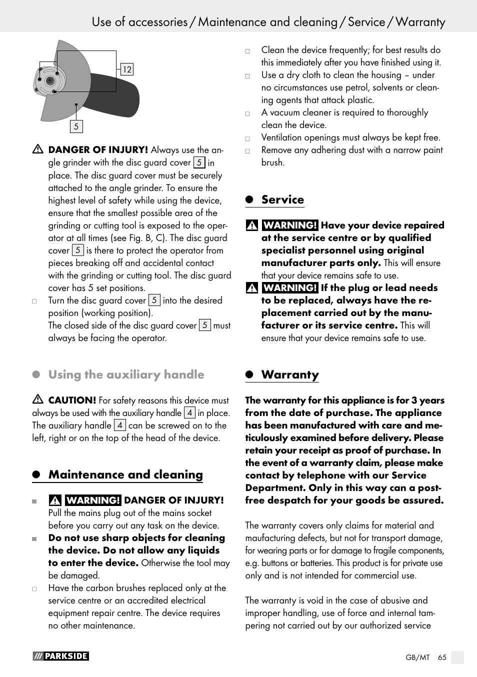 Using the auxiliary handle, Maintenance and cleaning, Service | Warranty | Parkside PWS 125 A1 User Manual | Page 65 / 82