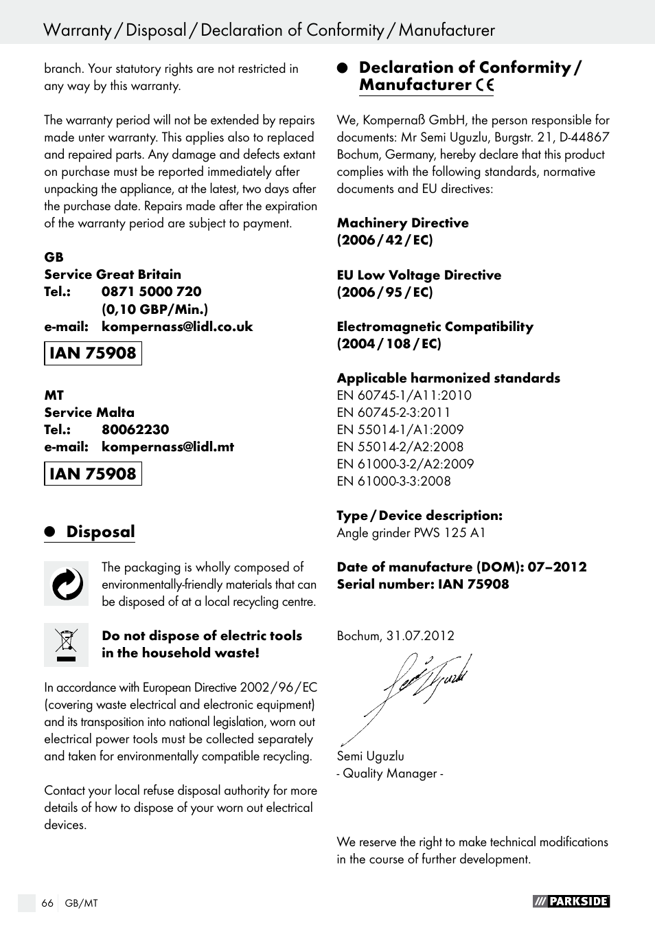 Parkside PWS 125 A1 User Manual | Page 66 / 82