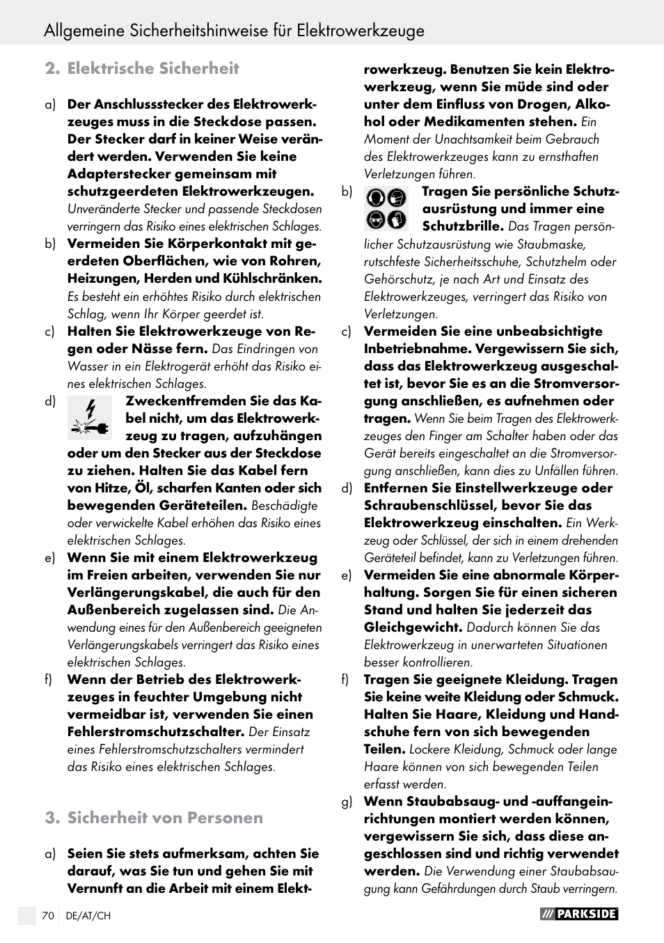 Elektrische sicherheit, Sicherheit von personen | Parkside PWS 125 A1 User Manual | Page 70 / 82