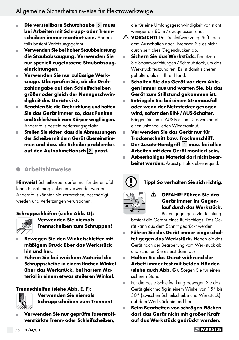 Arbeitshinweise | Parkside PWS 125 A1 User Manual | Page 76 / 82