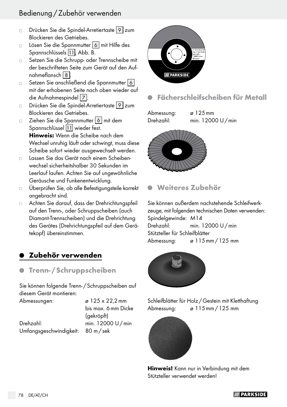 Zubehör verwenden, Trenn- / schruppscheiben, Fächerschleifscheiben für metall | Weiteres zubehör | Parkside PWS 125 A1 User Manual | Page 78 / 82