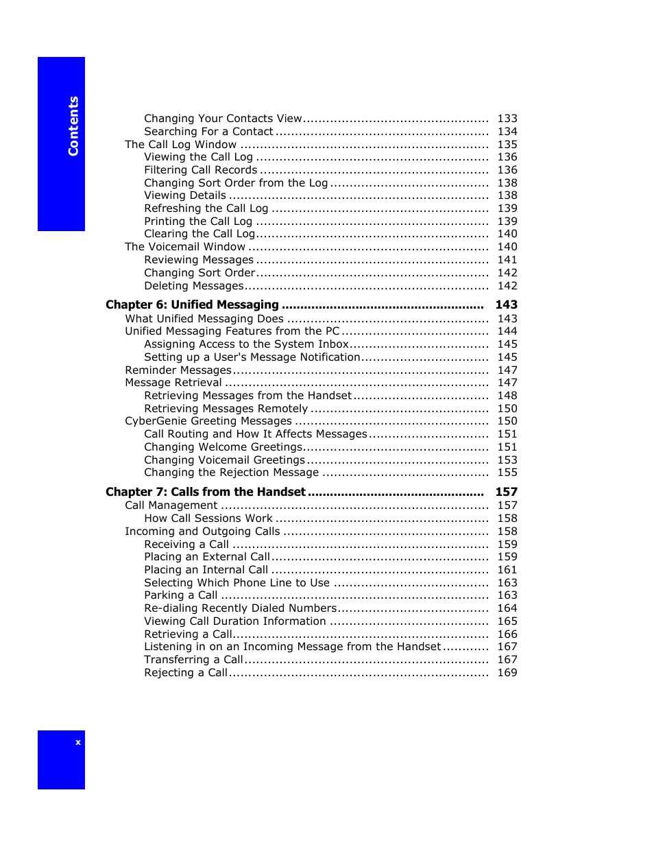 Chapter 6: unified messaging 143, Chapter 7: calls from the handset 157 | Cygnion CG 2400 User Manual | Page 10 / 246