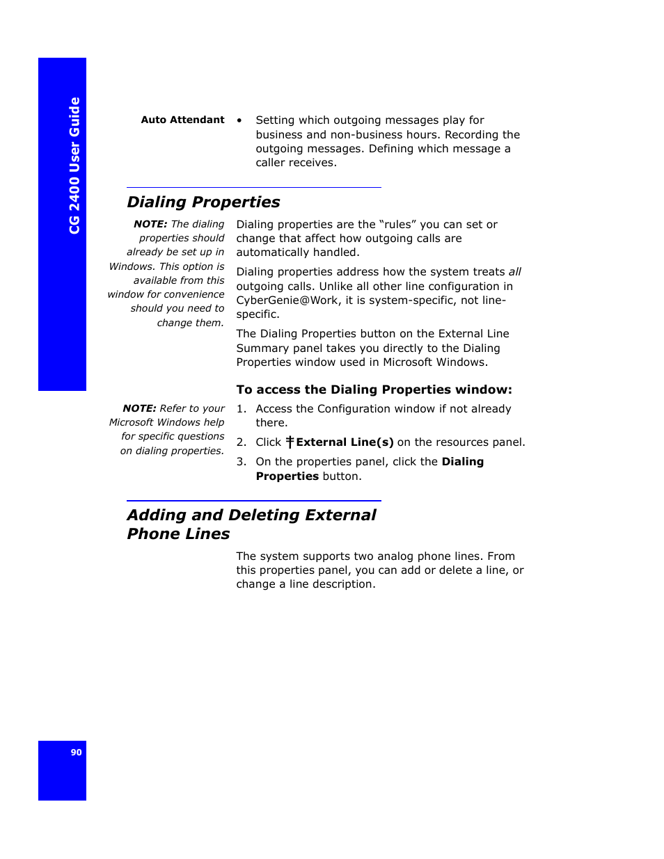 Dialing properties, Adding and deleting external phone lines, Adding and deleting | External phone lines | Cygnion CG 2400 User Manual | Page 102 / 246