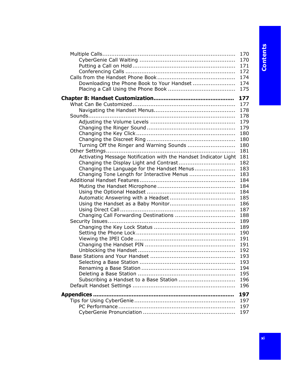 Chapter 8: handset customization 177, Appendices 197 | Cygnion CG 2400 User Manual | Page 11 / 246