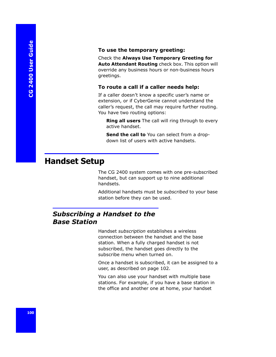 Handset setup, Subscribing a handset to the base station, Subscribing a | Handset to the base | Cygnion CG 2400 User Manual | Page 112 / 246