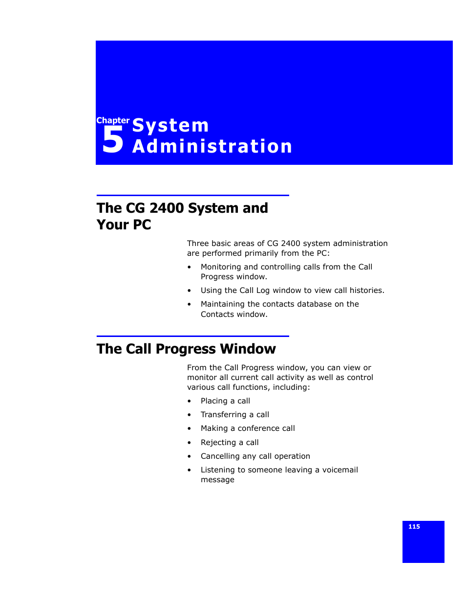 System administration, The cg 2400 system and your pc, The call progress window | Cygnion CG 2400 User Manual | Page 127 / 246