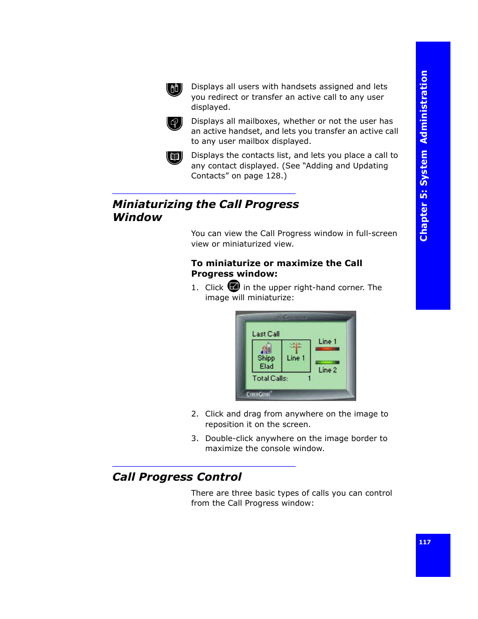Miniaturizing the call progress window, Call progress control | Cygnion CG 2400 User Manual | Page 129 / 246