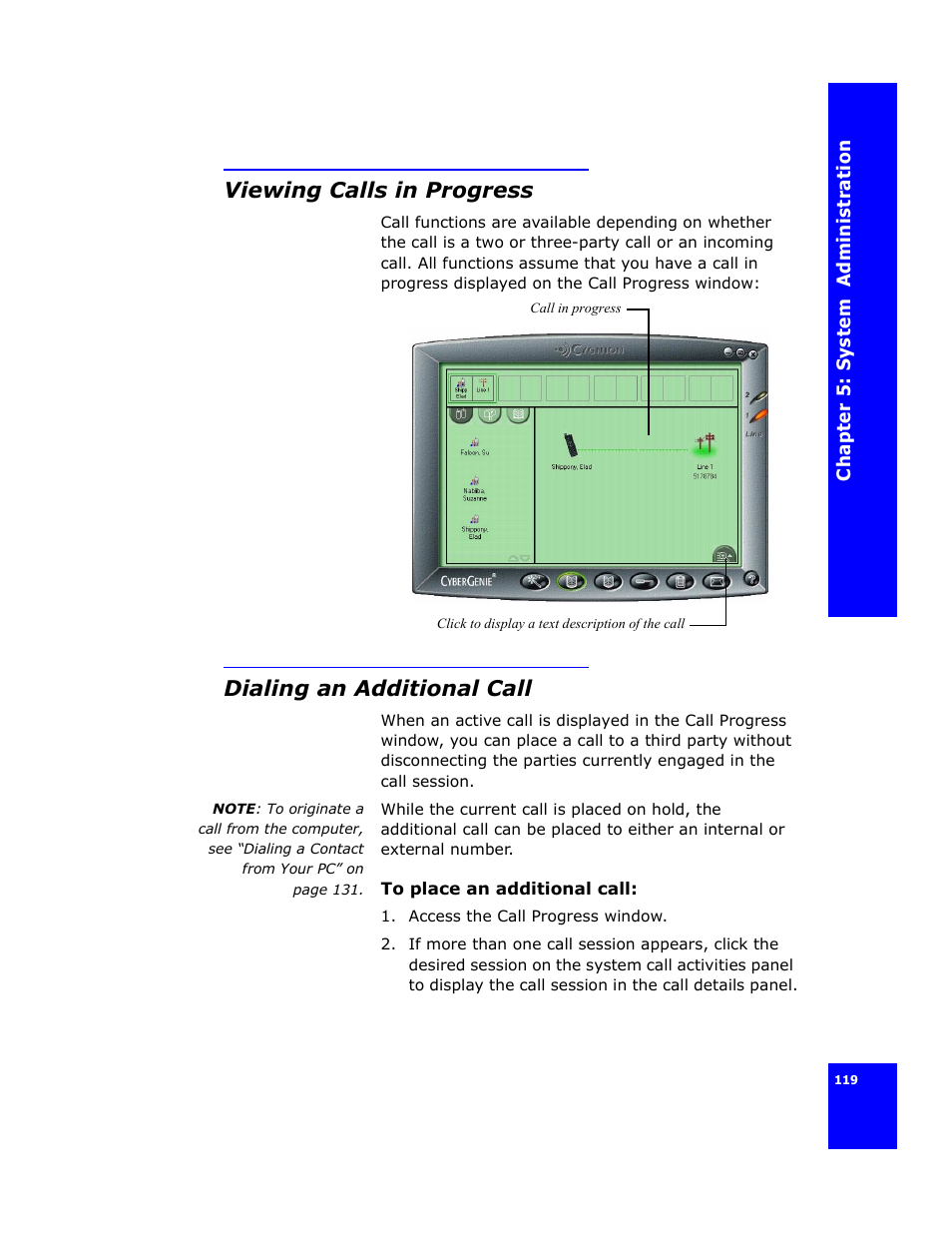 Viewing calls in progress, Dialing an additional call | Cygnion CG 2400 User Manual | Page 131 / 246