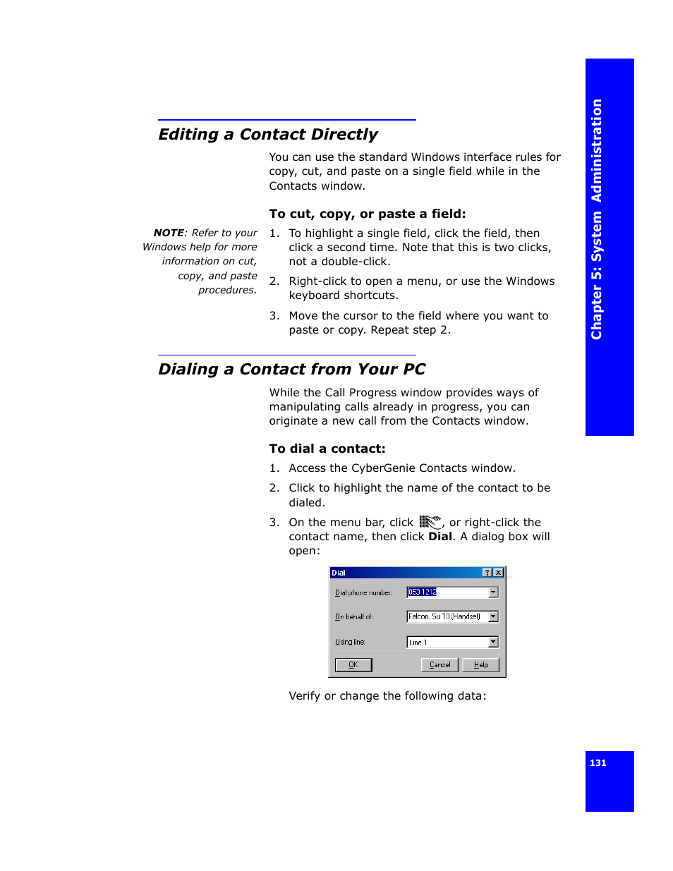 Editing a contact directly, Dialing a contact from your pc | Cygnion CG 2400 User Manual | Page 143 / 246