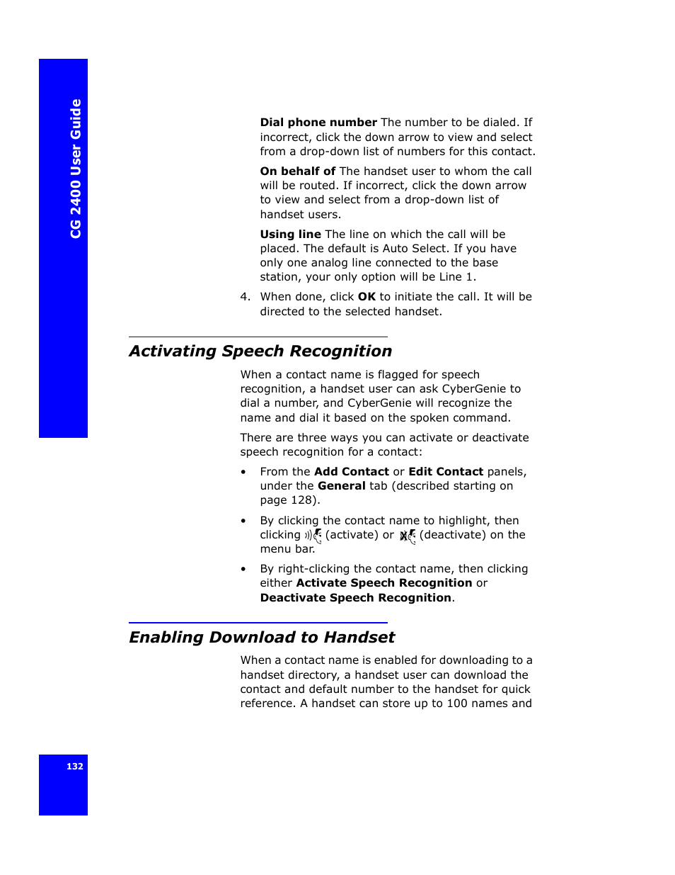 Activating speech recognition, Enabling download to handset | Cygnion CG 2400 User Manual | Page 144 / 246