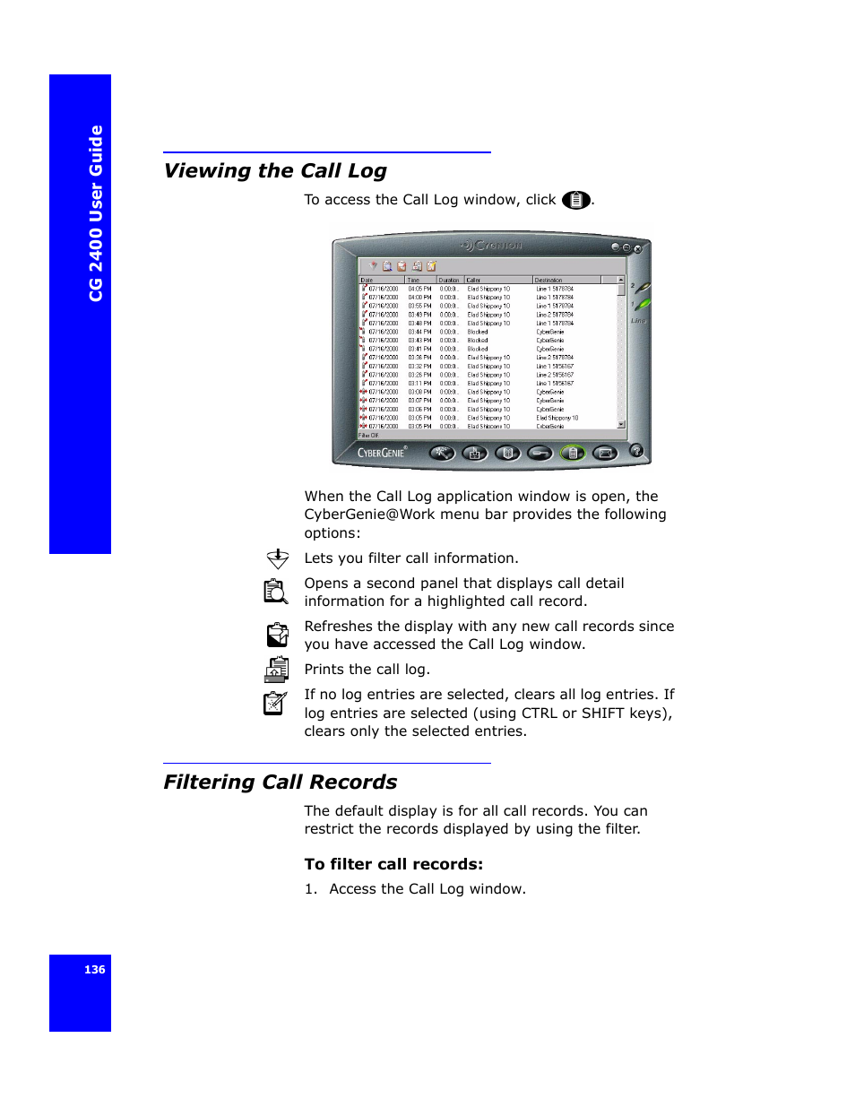 Viewing the call log, Filtering call records | Cygnion CG 2400 User Manual | Page 148 / 246