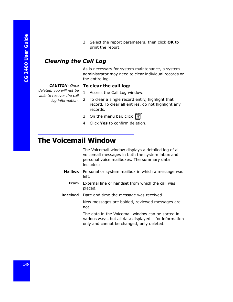 Clearing the call log, The voicemail window | Cygnion CG 2400 User Manual | Page 152 / 246