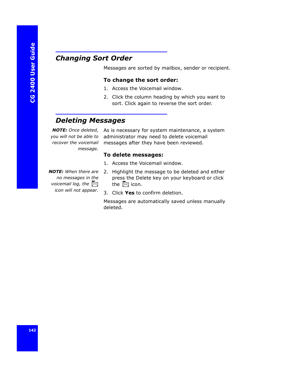 Changing sort order, Deleting messages | Cygnion CG 2400 User Manual | Page 154 / 246