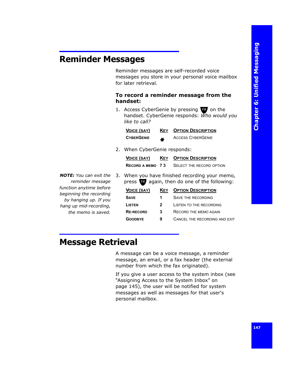 Reminder messages, Message retrieval, Ch apt e r 6: unifie d mes saging | Cygnion CG 2400 User Manual | Page 159 / 246