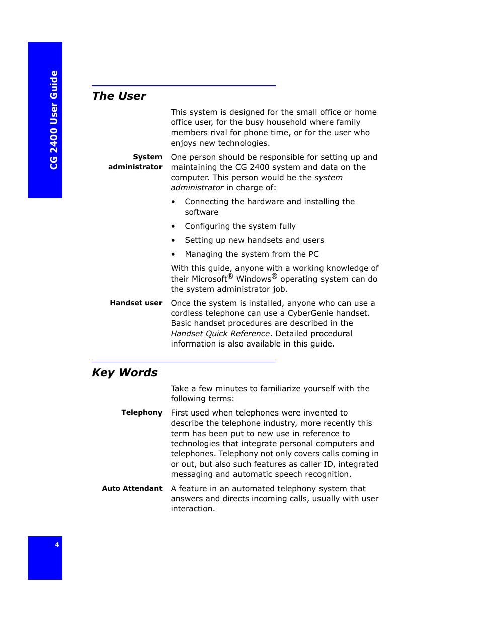 The user, Key words | Cygnion CG 2400 User Manual | Page 16 / 246