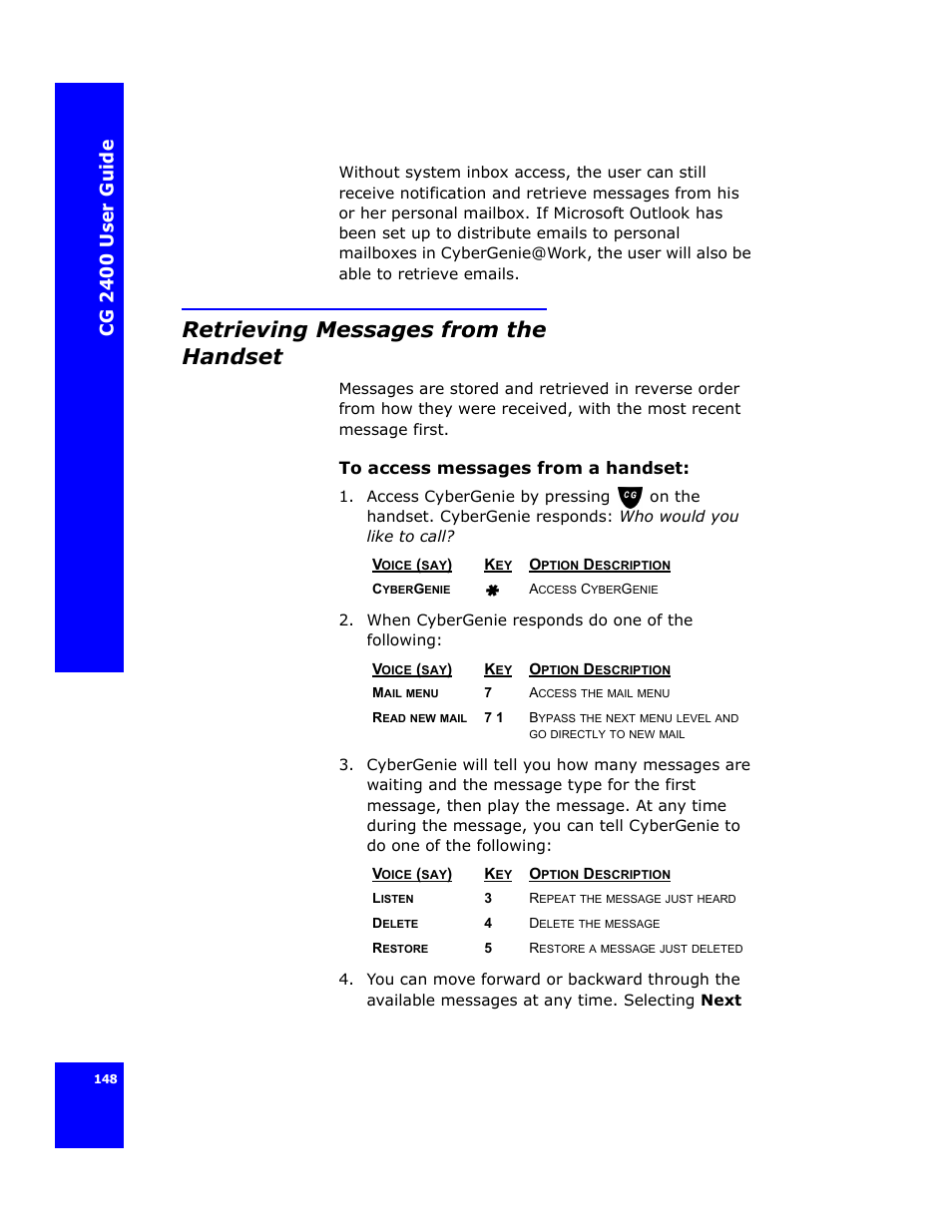 Retrieving messages from the handset, Cg 24 00 us er gui d e | Cygnion CG 2400 User Manual | Page 160 / 246