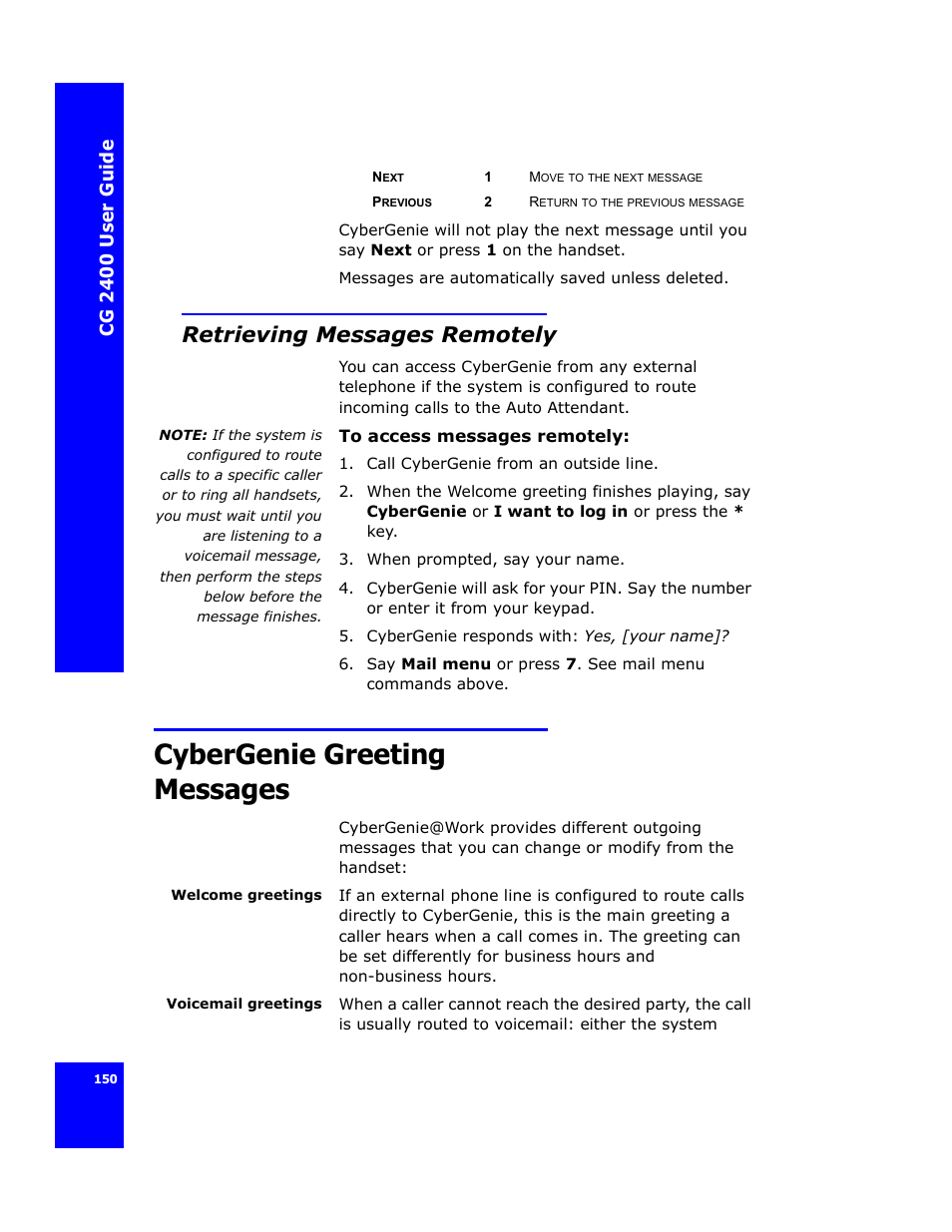 Retrieving messages remotely, Cybergenie greeting messages, Cg 24 00 us er gui d e | Cygnion CG 2400 User Manual | Page 162 / 246
