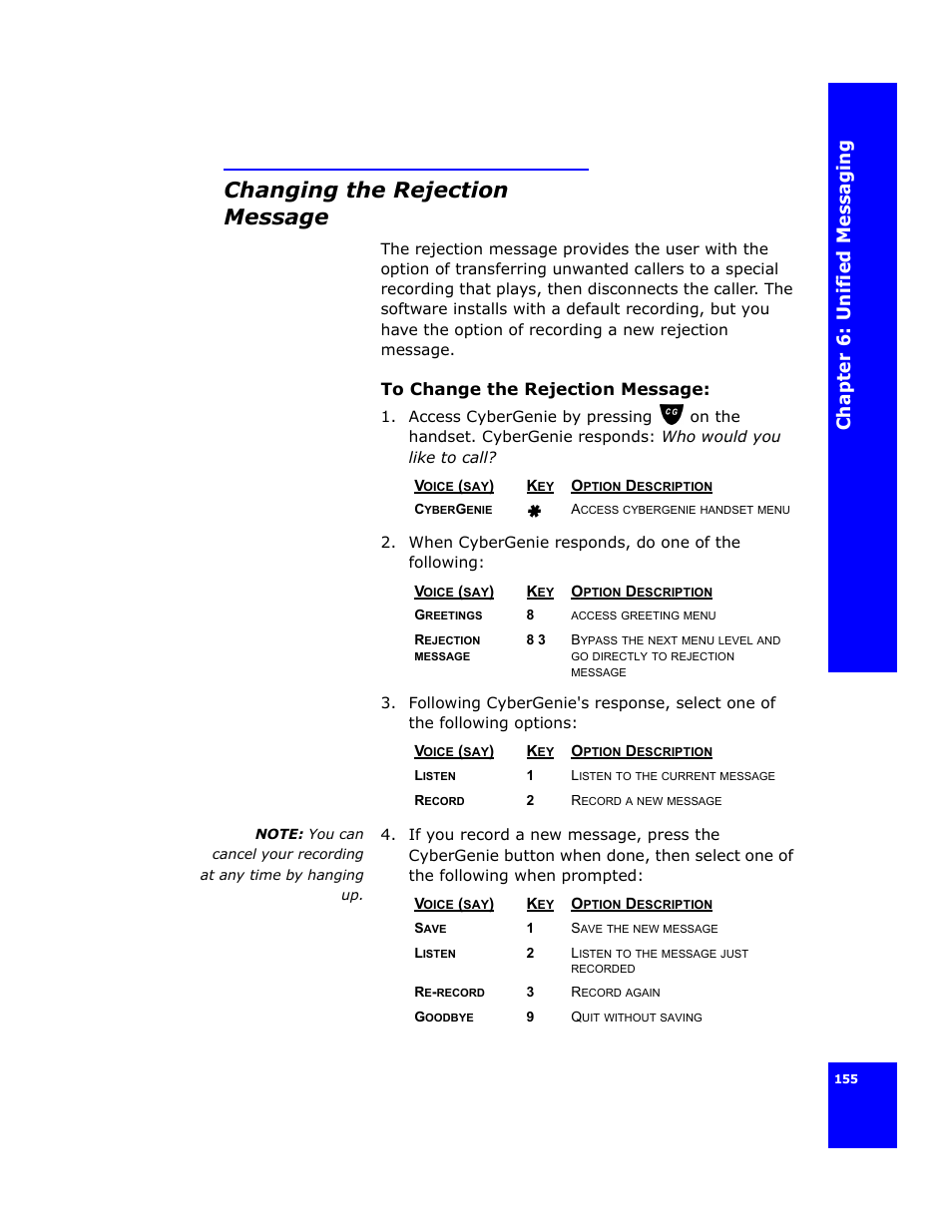 Changing the rejection message, Changing the, Rejection message” on | Ch apt e r 6: unifie d mes saging | Cygnion CG 2400 User Manual | Page 167 / 246