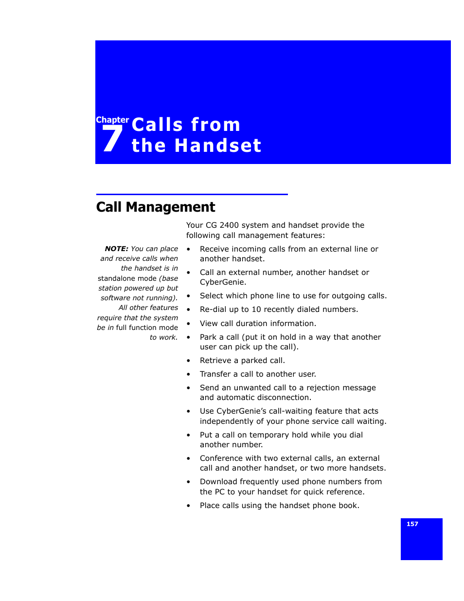 Calls from the handset, Call management | Cygnion CG 2400 User Manual | Page 169 / 246