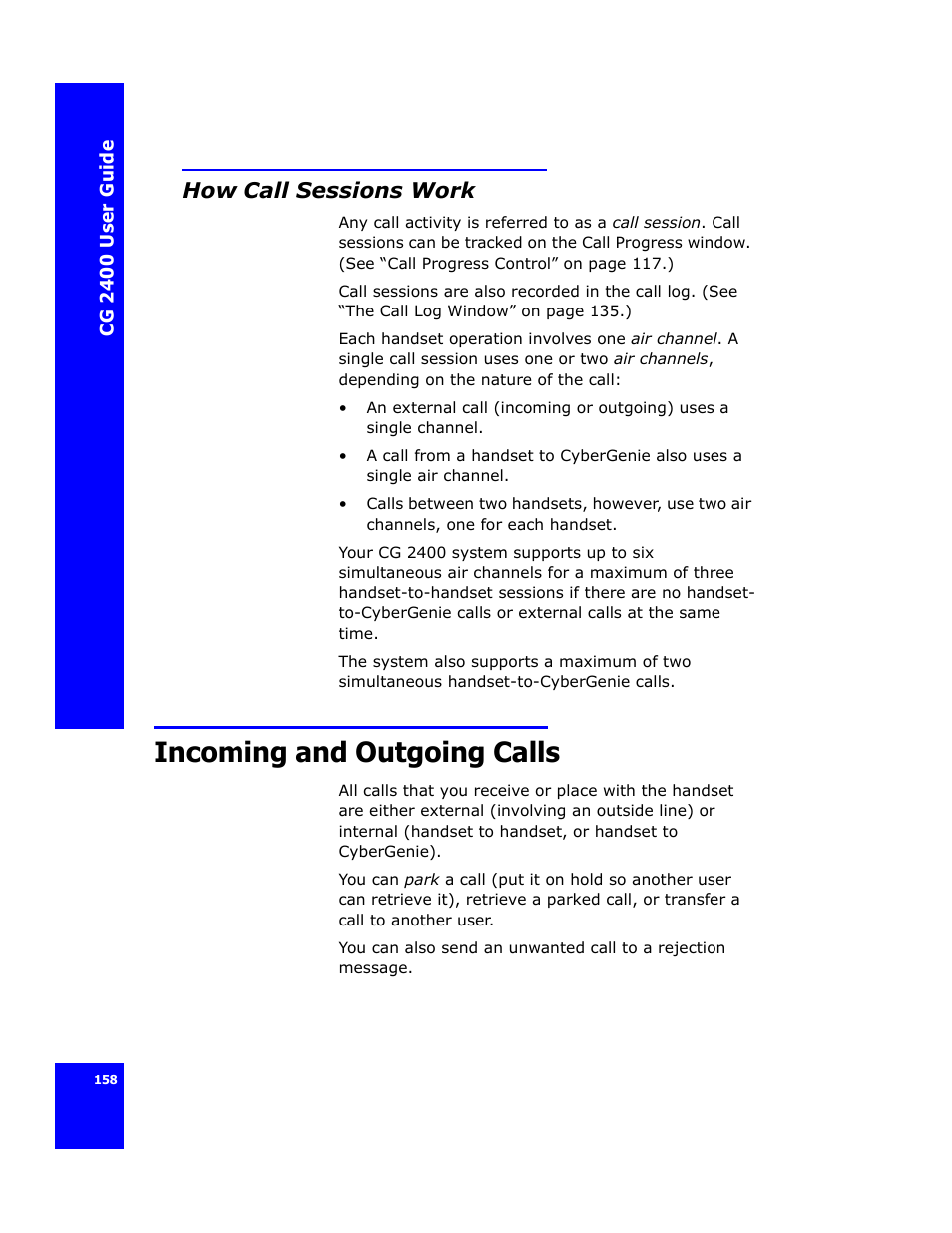 How call sessions work, Incoming and outgoing calls | Cygnion CG 2400 User Manual | Page 170 / 246