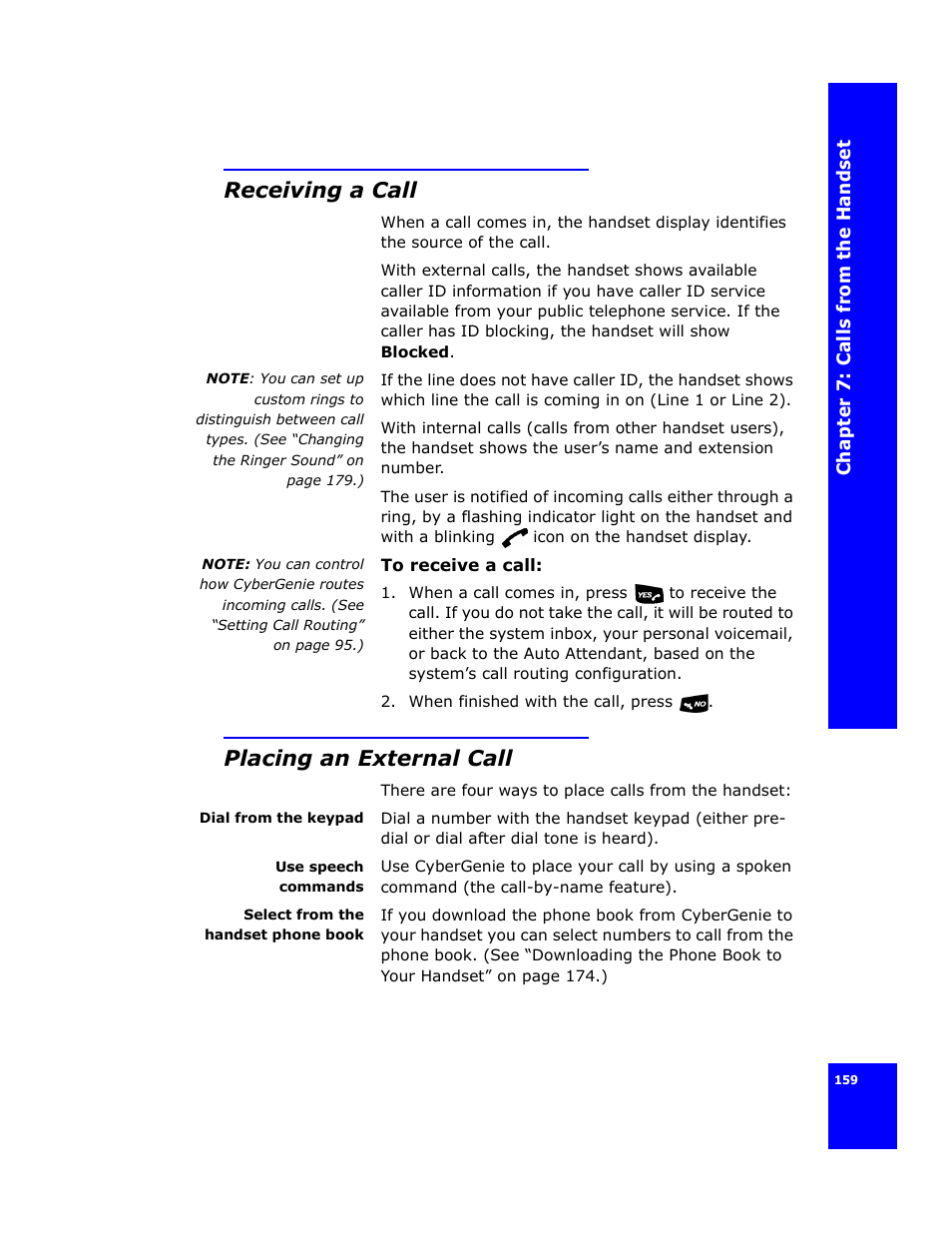 Receiving a call, Placing an external call | Cygnion CG 2400 User Manual | Page 171 / 246