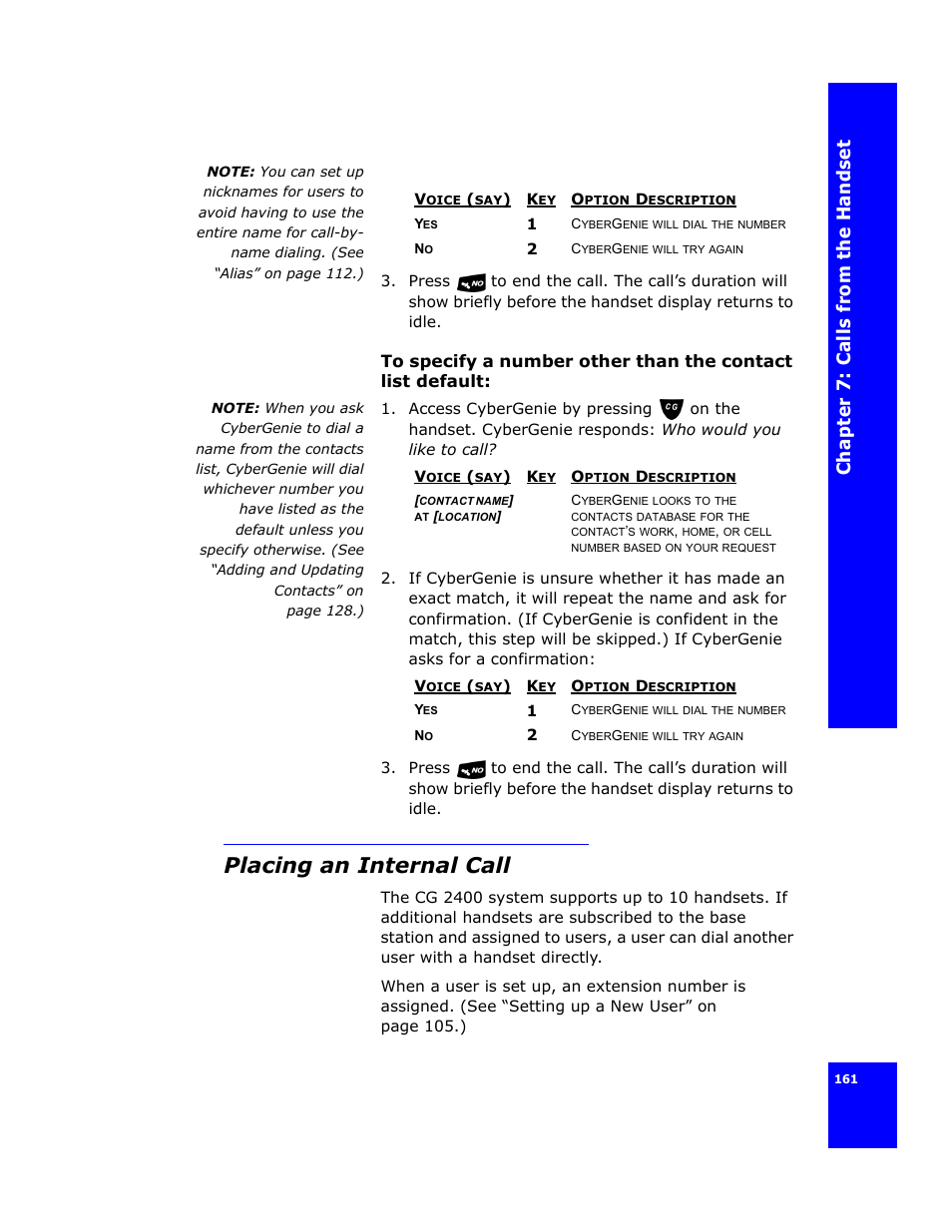 Placing an internal call, Ch apte r 7 : ca ll s f rom the h a nds e t | Cygnion CG 2400 User Manual | Page 173 / 246