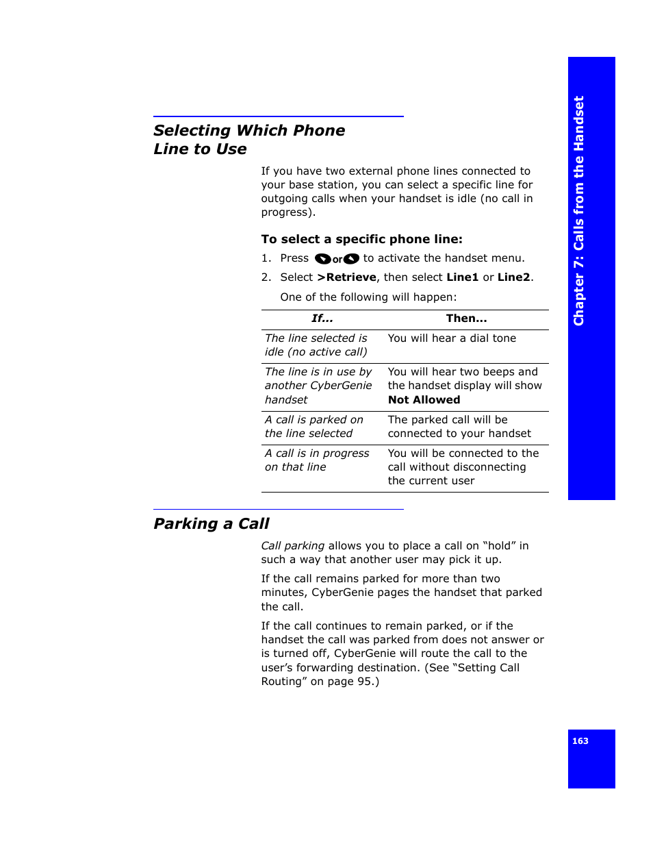 Selecting which phone line to use, Parking a call | Cygnion CG 2400 User Manual | Page 175 / 246