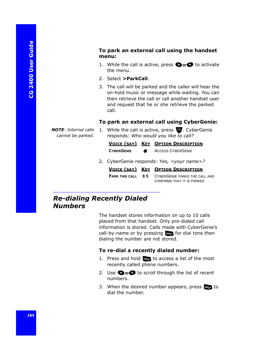 Re-dialing recently dialed numbers, Cg 24 00 us er gui d e | Cygnion CG 2400 User Manual | Page 176 / 246