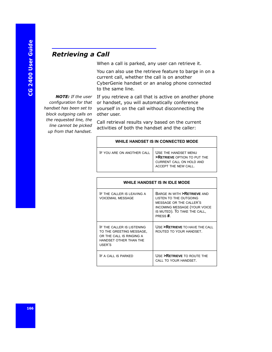 Retrieving a call, Cg 24 00 us er gui d e | Cygnion CG 2400 User Manual | Page 178 / 246