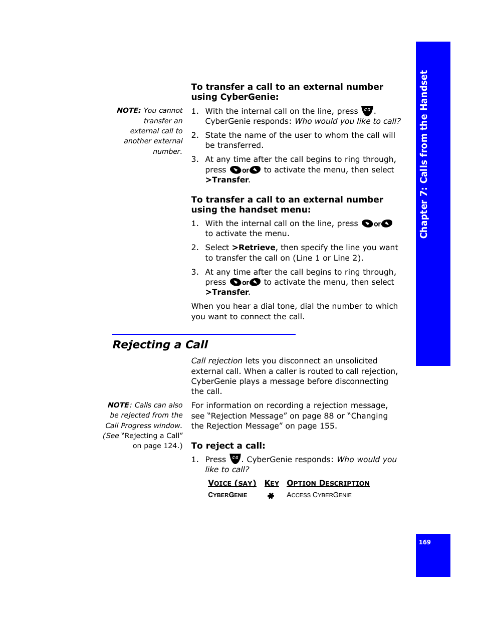 Rejecting a call | Cygnion CG 2400 User Manual | Page 181 / 246
