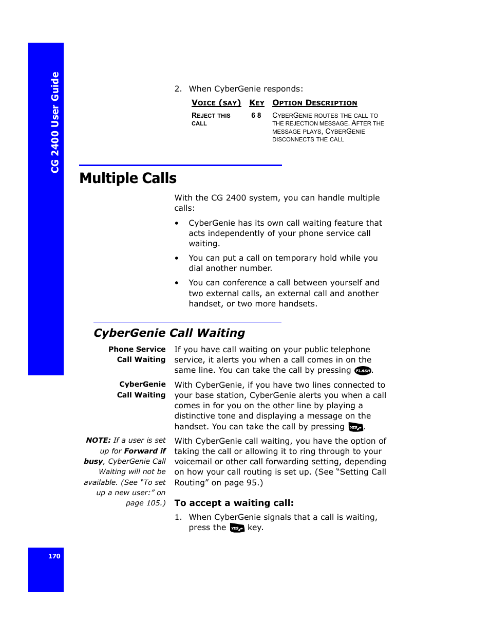 Multiple calls, Cybergenie call waiting, Cg 24 00 us er gui d e | Cygnion CG 2400 User Manual | Page 182 / 246