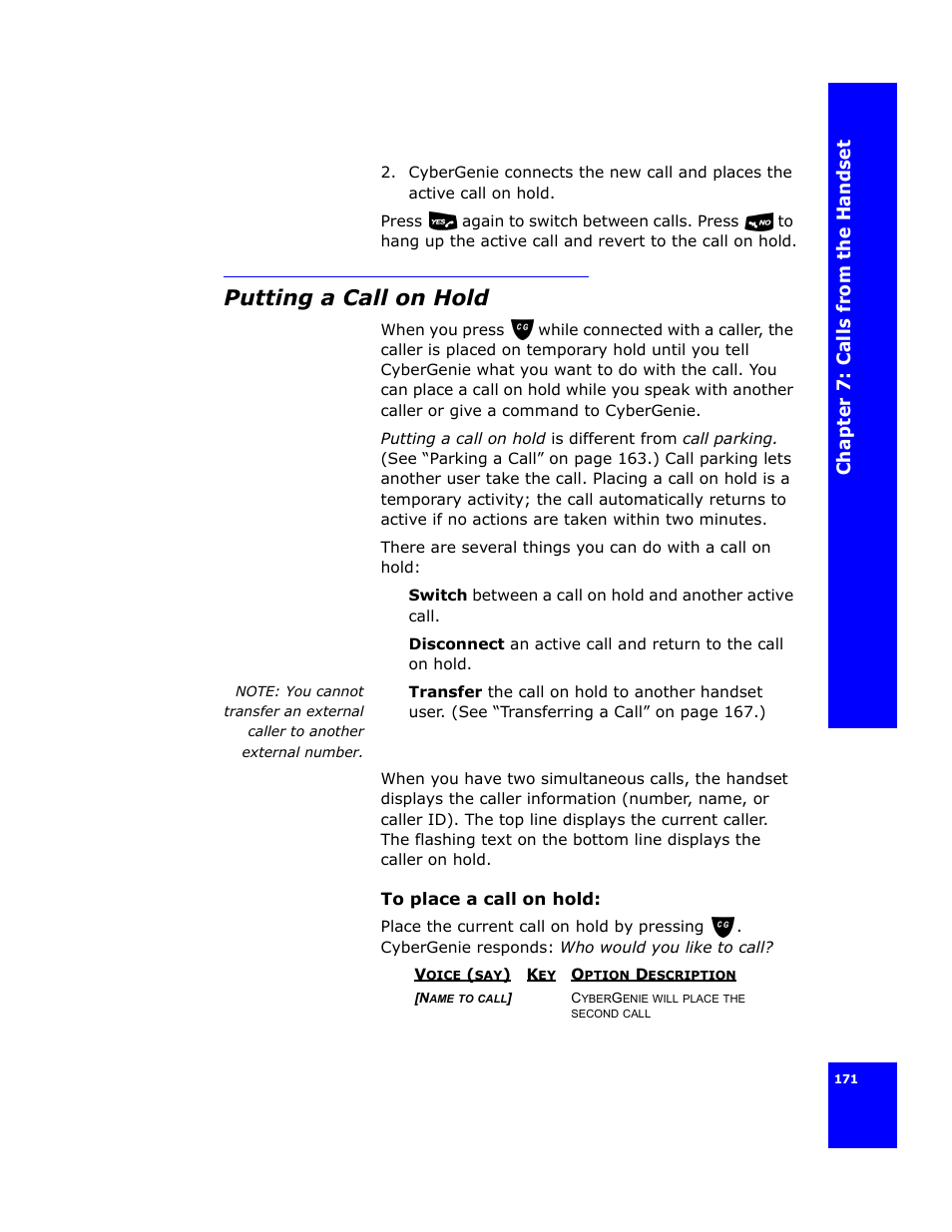 Putting a call on hold | Cygnion CG 2400 User Manual | Page 183 / 246