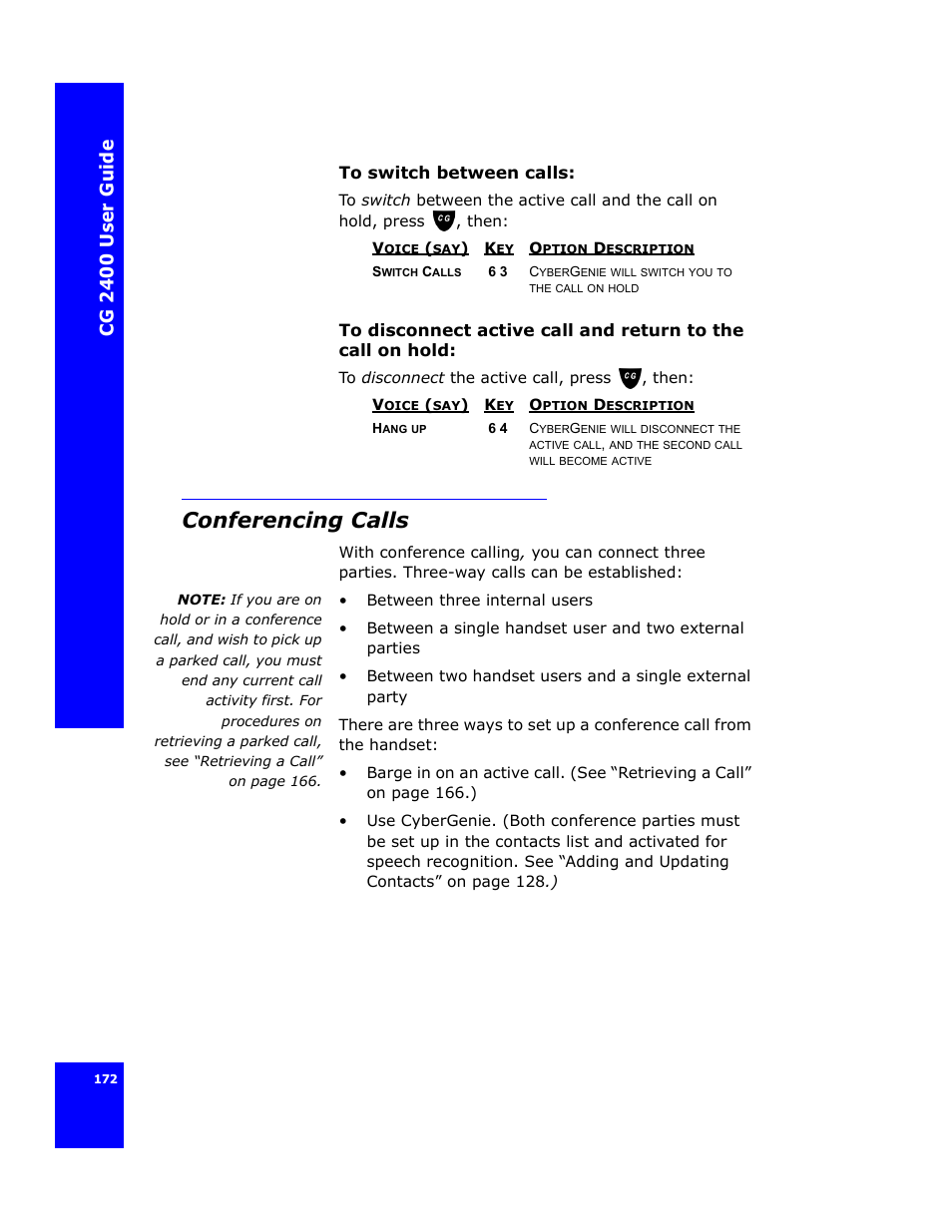Conferencing calls, Cg 24 00 us er gui d e | Cygnion CG 2400 User Manual | Page 184 / 246