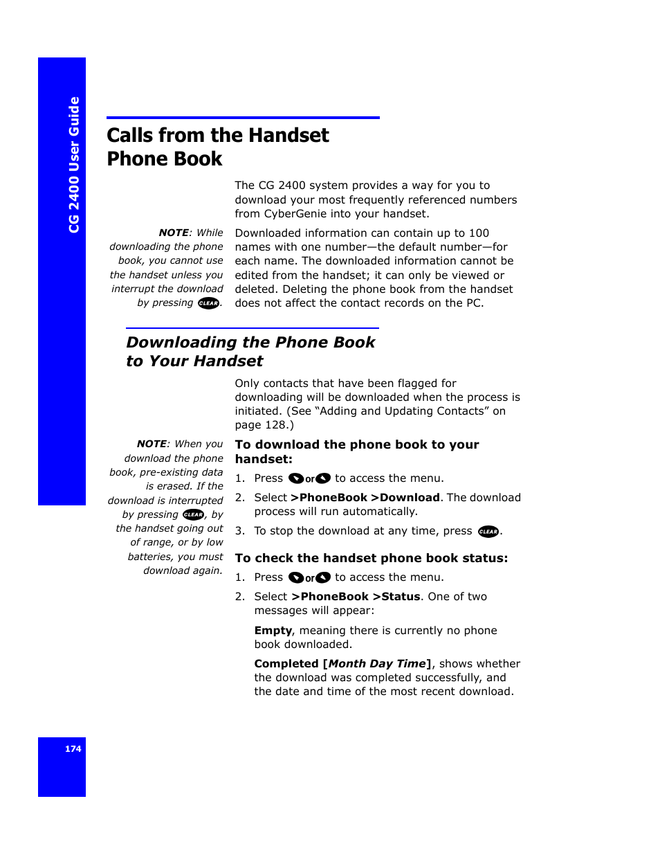 Calls from the handset phone book, Downloading the phone book to your handset | Cygnion CG 2400 User Manual | Page 186 / 246