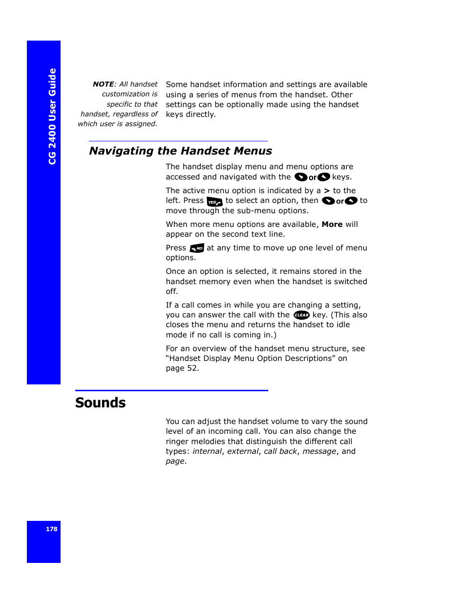 Navigating the handset menus, Sounds | Cygnion CG 2400 User Manual | Page 190 / 246