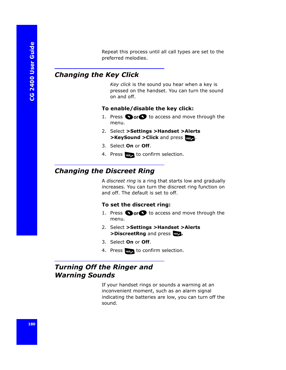 Changing the key click, Changing the discreet ring, Turning off the ringer and warning sounds | Cygnion CG 2400 User Manual | Page 192 / 246