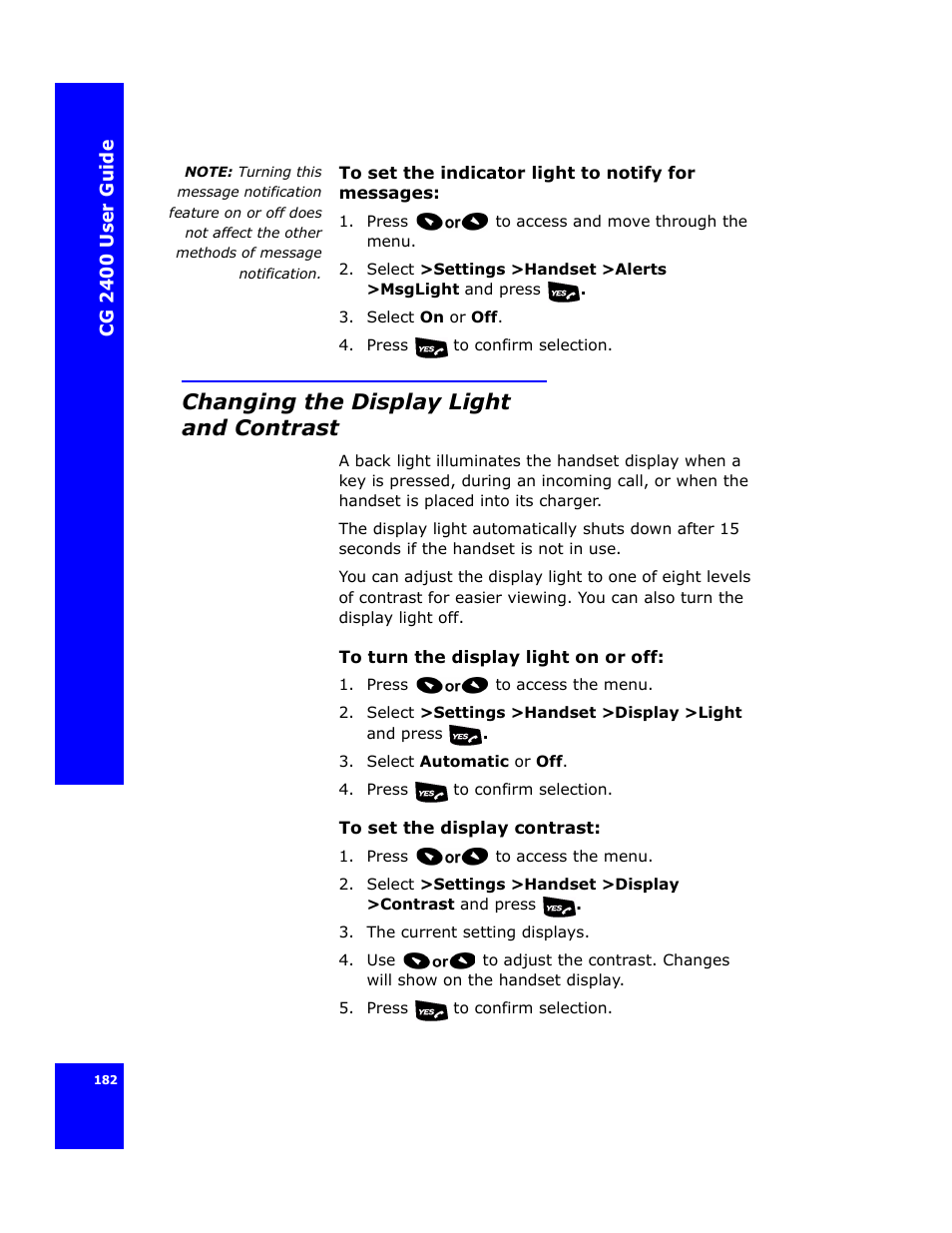 Changing the display light and contrast | Cygnion CG 2400 User Manual | Page 194 / 246