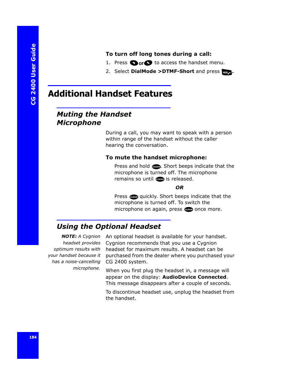 Additional handset features, Muting the handset microphone, Using the optional headset | Cygnion CG 2400 User Manual | Page 196 / 246