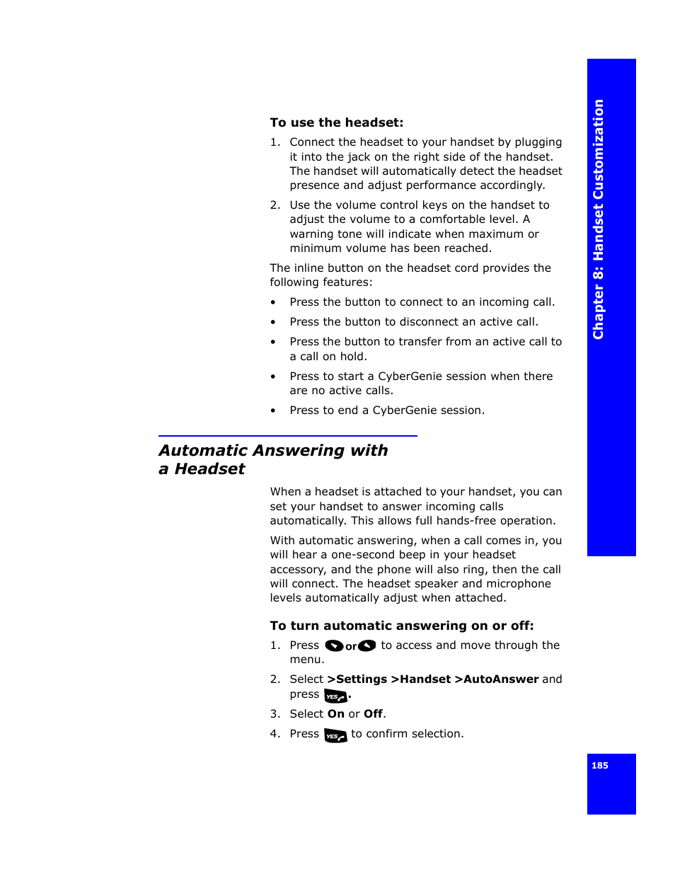 Automatic answering with aheadset, Automatic answering with a headset | Cygnion CG 2400 User Manual | Page 197 / 246