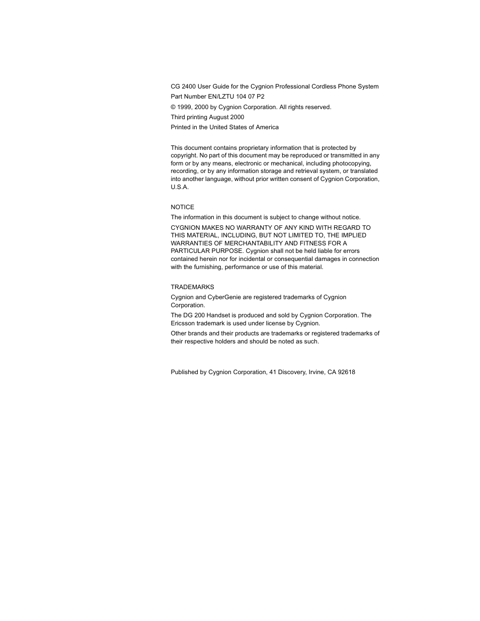 Cygnion CG 2400 User Manual | Page 2 / 246